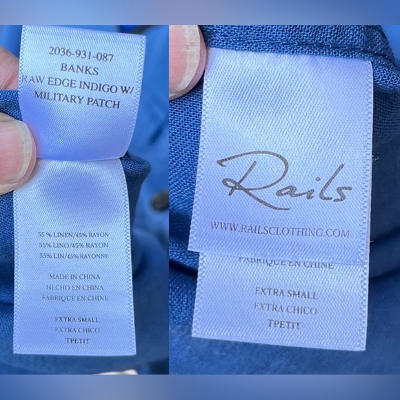 Rails Banks Military Patch Raw Edge Linen Blend Button Down Indigo Shirt Sz XS - Picture 3 of 16